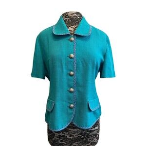 Vintage 90s Leslie Faye‎ Top Blazer Short Sleeve Teal Button Up Collar Spring 12